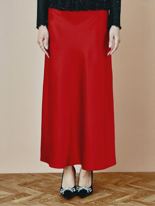 ROSETTE RED | SATIN MIDI SKIRT