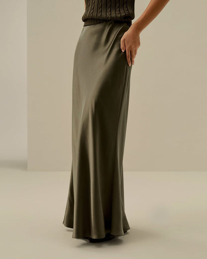 OLIVE GREEN| SATIN MIDI SKIRT